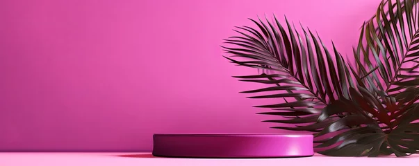 Papier Peint photo autocollant Roze Magenta background with shadows of palm leaves on a magenta wall, an empty table top for product presentation. A mockup banner stand podium