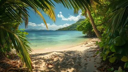 Tropical Leaves: A photo of a tropical beach with palm trees and leafy vegetation - obrazy, fototapety, plakaty