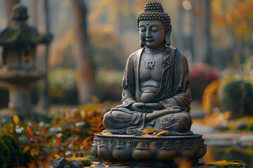 Serene Buddha statue in a peaceful garden setting,
A bronze statue of a meditating buddha seated in lotus pose with closed eyes and a serene expression
 - obrazy, fototapety, plakaty