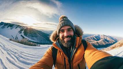 Smiling happy man wearing winter clothes taking selfie with smartphone on snowy mountain peak. Outdoor winter adventure