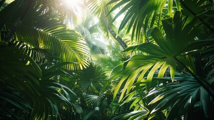 Tropical Leaves: A photo of a tropical rainforest with a canopy of large leafy trees