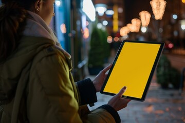 Digital mockup over a shoulder of a woman holding a tablet with a fully yellow screen