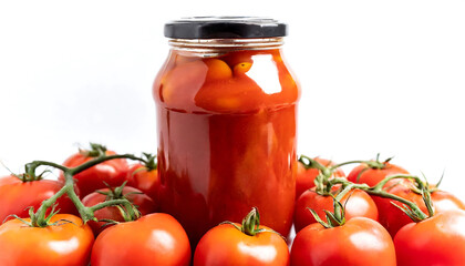 Tomato Sauce in Glass Jar Surrounded by Tomatoes: Culinary Composition and Food Preservation in Kitchen