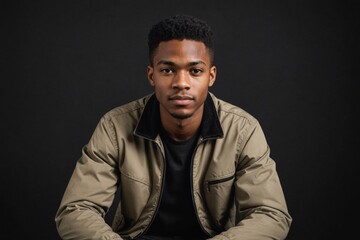 Positive young african american male in jacket  sitting against black background