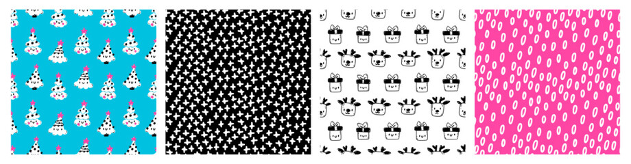Black and white reindeer and presents. Christmas tree with star. Christmas Cute Pattern Set. Simple doodle seamless pattern