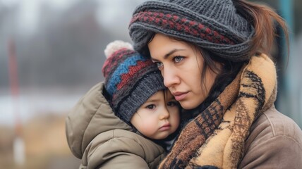 Woman and child hugging in cold weather