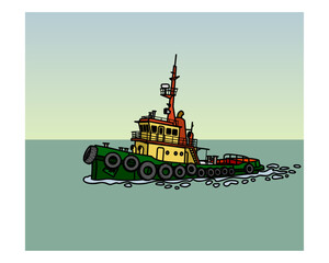 A small auxiliary vessel. Harbour support ship. Vector image for prints, poster and illustrations.