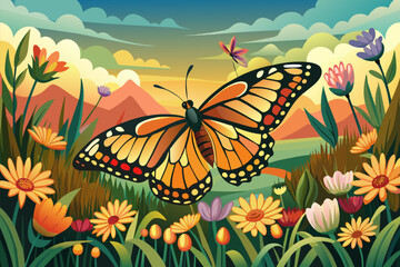 Majestic butterfly fluttering through a field of flower background, Butterfly flying on flowers illustration
