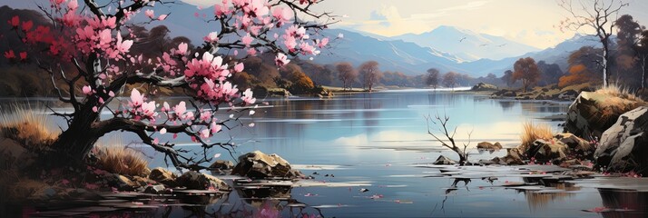 A calm lake surrounded by blooming magnolia trees, their large flowers reflected in the calm water,...