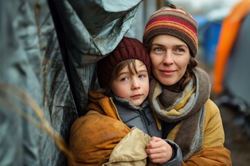 Mother and daughter smiling in makeshift shelter