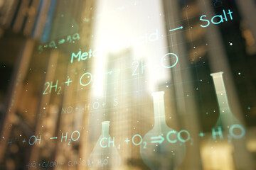 Creative chemistry hologram on blurry cityscape background, pharmaceutical research concept....
