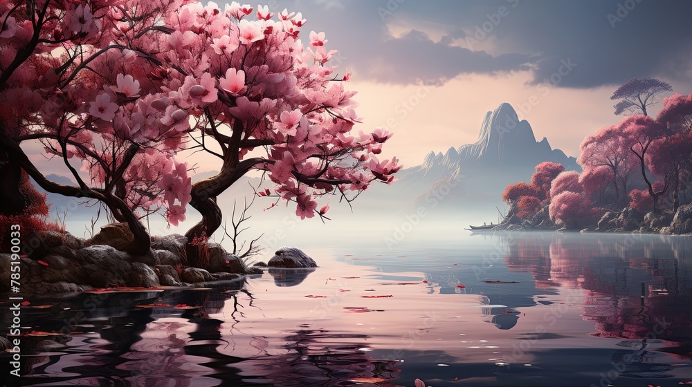 Poster a calm lake surrounded by blooming magnolia trees, their large flowers reflected in the calm water, 