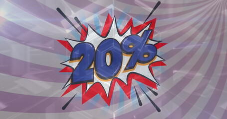 Glowing tunnel over 20 percent sale text banner on speech bubble against purple radial background