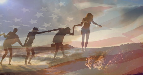 Naklejka premium Image of flag of united states of america over friends having fun