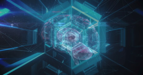 Image of tunnel made of neon hexagons and brain on black background