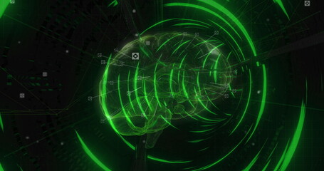 Image of tunnel made of neon circles and brain on black background