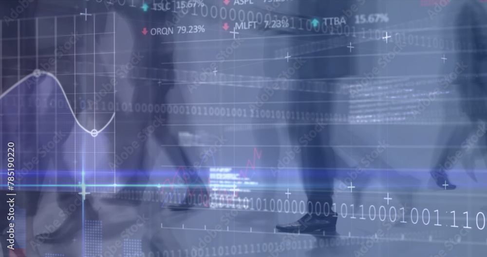 Poster image of financial data over timelapse of diverse businesspeople walking and data processing