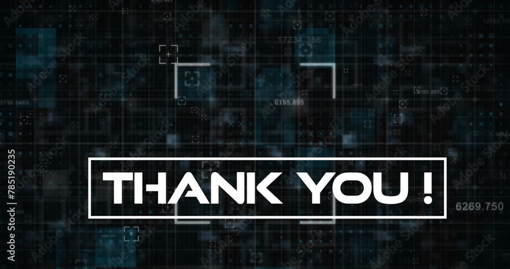 Poster image of thank you over data processing on black background