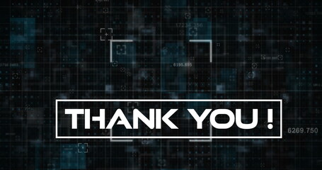 Image of thank you over data processing on black background