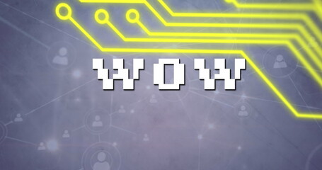 Wow text banner and yellow microprocessor connections against network of profile icons