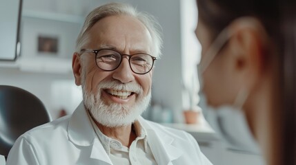 A man is smiling at a woman in a hospital. The woman is wearing a mask. Scene is positive and friendly