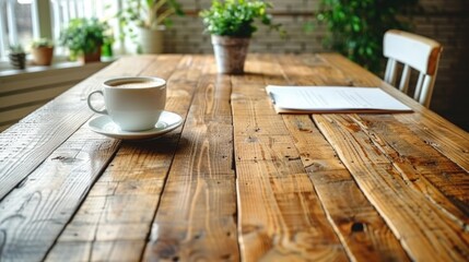 Steaming cup of coffee and notepad on wooden tabletop in rustic style with zoom and copy space