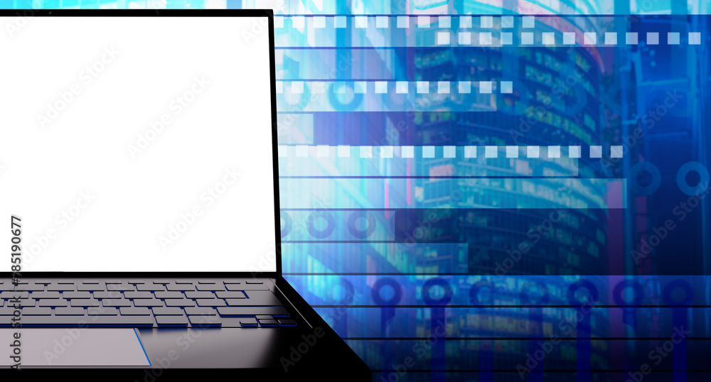 Poster laptop with white screen. computer fragment. laptop on blue cyber background. computer mock up. digi