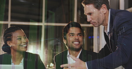 Image of financial data processing over diverse business people in office