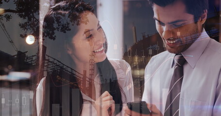 Image of financial data processing and cityscape over diverse business people in office