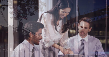 Image of financial data processing and cityscape over diverse business people in office