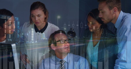 Image of financial data processing and cityscape over diverse business people in office