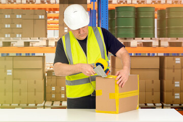 Man storekeeper. Warehouse worker packs goods. Storekeeper uses tape dispenser. Warehouse contractor in yellow vest. Storekeeper near shelves with parcels and barrels. Fulfillment company specialist