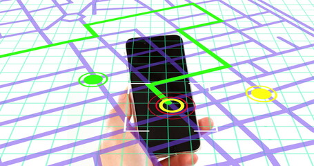 Navigation map line scheme against close up of a person's hand using a smartphone