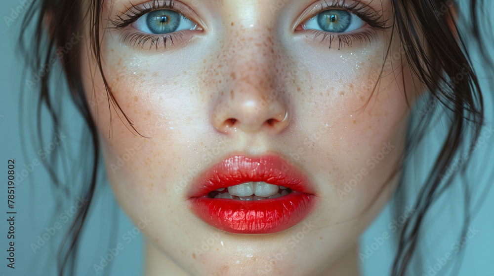 Poster Close-up portrait of a woman with striking blue eyes, freckles, and glossy red lips, against a blurred blue background.