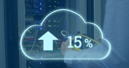 Image of clouds icon over caucasian female worker inspecting server room