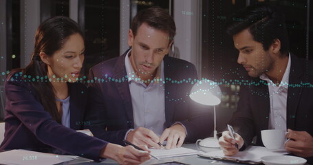 Image of data processing over diverse business people talking