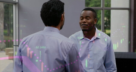 Image of data processing over diverse business people talking