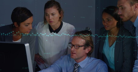 Image of data processing over diverse business people talking