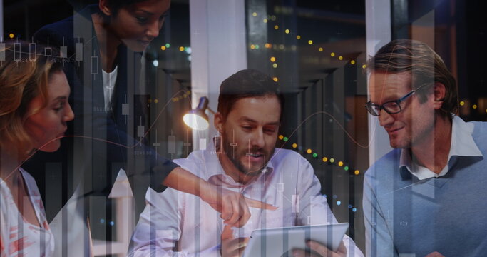 Image of data processing over diverse business people talking - Powered by Adobe