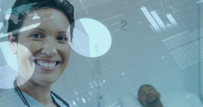 Image of data processing over biracial female doctor with patient smiling