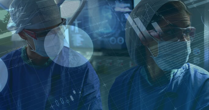 Image of data processing over diverse female surgeons during surgery