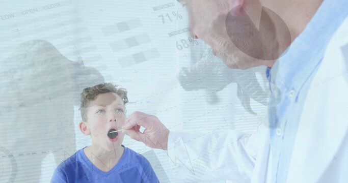 Image of data processing over caucasian male doctor with young patient