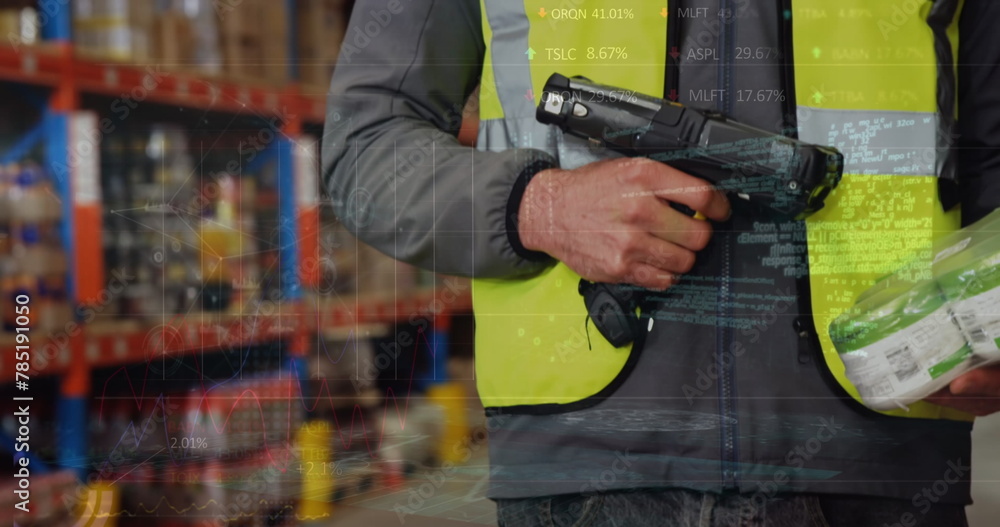 Poster image of data processing over man working in warehouse