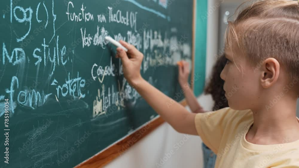 Poster diverse student studying coding engineering prompt while writing answer on blackboard. intelligence 