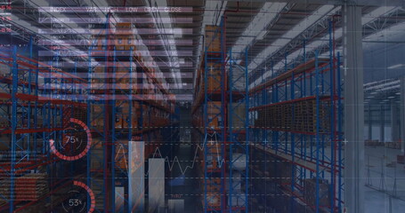 Image of financial graphs over warehouse
