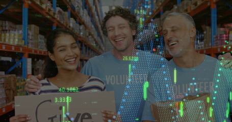 Image of financial graphs over happy diverse female and male warehouse workers