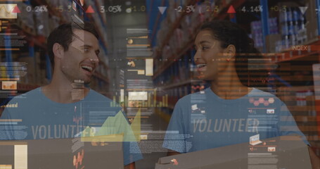 Image of data processing over diverse group of warehouse workers