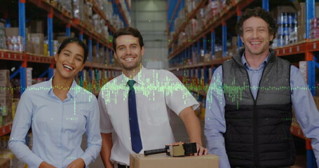 Image of data processing over diverse people working in warehouse