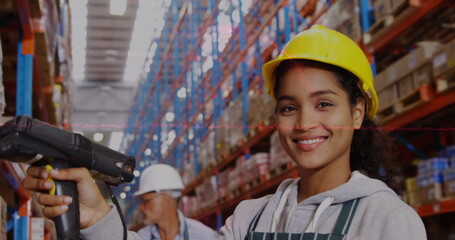 Data processing over portrait of african american female worker scanning stock at the warehouse