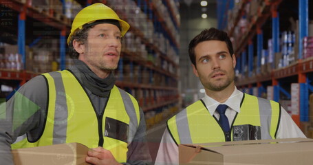 Image of data processing over male warehouse workers